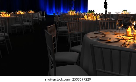 Table set for wedding or another catered event dinner.
