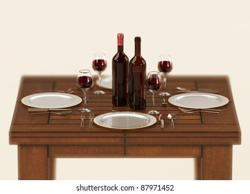 Table setup for 4 with glasses of red wine with bottles.