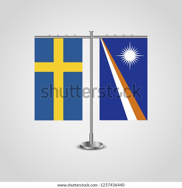 Table stand with flags of Sweden and Marshall\
Islands.Two flag. Flag pole. Symbolizing the cooperation between\
the two countries. Table\
flags