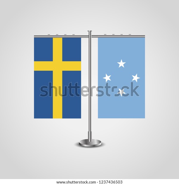 Table stand with flags of Sweden and Micronesia.Two\
flag. Flag pole. Symbolizing the cooperation between the two\
countries. Table\
flags