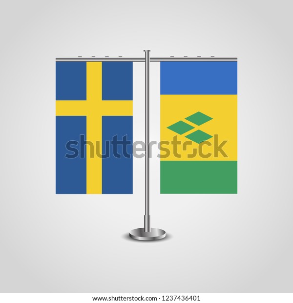 Table stand with flags of Sweden\
and Saint Vincent and the Grenadines.Two flag. Flag pole.\
Symbolizing the cooperation between the two countries. Table\
flags