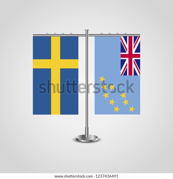 Table stand with flags of Sweden and Tuvalu.Two\
flag. Flag pole. Symbolizing the cooperation between the two\
countries. Table\
flags