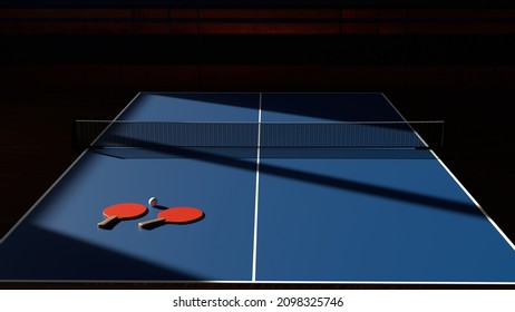 Tenis de mesa. Una mesa azul con raquetas rojas en una habitación oscura con luz solar. representación 3D
