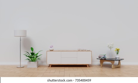 Table TV With White Screen Wall On The Wall In Modern Living Room. 3d Rendering