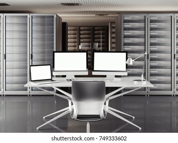 Table With Two Blank Displays And Laptop In A Large Server Room. 3d Rendering