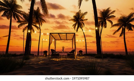 Table under canopy on the beach. Silhouette of beach cafe. Romantic dinner on the beach. Romantic sunset on the beach under palm trees. 3d illustration
