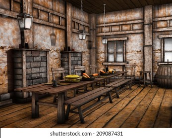 Tables And Benches In An Old Wooden Tavern