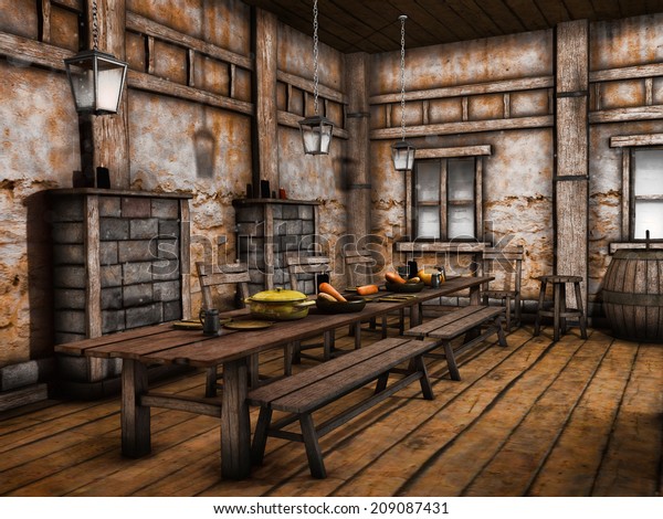 古い木の酒場のテーブルとベンチ のイラスト素材 209087431