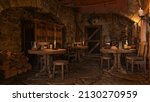 Tables lit by candles in a dark corner of an old medieval fantasy inn. 3D rendering.