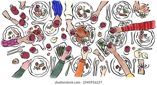 Tablescape illustration with glasses and food. Gathering of friends and family around a table. Hand drawn sketch of dinner table for invitation design, cards and social media - Powered by Shutterstock