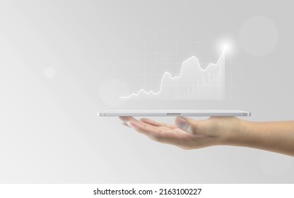 Tablet Analysis Business Graph Data Diagram Concept Financial Background With Growth Stock Chart Trade Display Or Success Marketing Profit Interface And Finance Economy Digital Simple Bar Infochart.