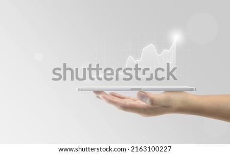 Tablet analysis business graph data diagram concept financial background with growth stock chart trade display or success marketing profit interface and finance economy digital simple bar infochart.
