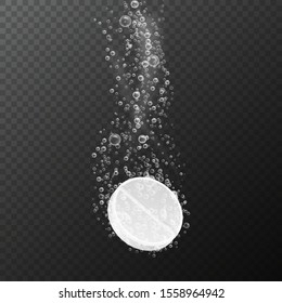 Tablet With Bubbles. Effervescent Dissolving Aspirin Pill In Fizzy Water. Vitamin Drug With Bubbles. Pharmacy Dissolve Medicine For Healthcare Isolated Template