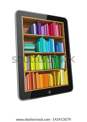 Tablet Computer Bookcase with Multicolor e-books isolated on White Background