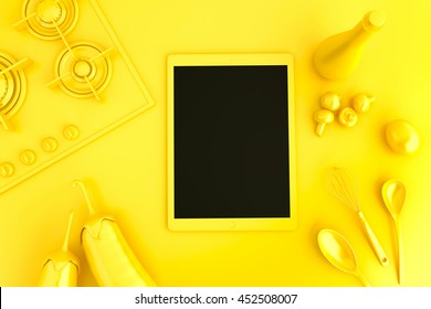 Tablet Computer With Collection Of Vegetables And Kitchen Utensils On Top Of The Table. 3D Illustration.