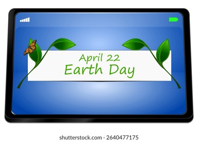 Tablet computer with Earth Day Banner - 22 April - 3D illustration