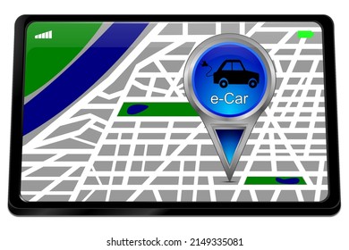 Tablet computer with e-Car Map Pointer - 3D illustration