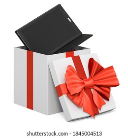 Tablet computer inside gift box, present concept. 3D rendering isolated on white background