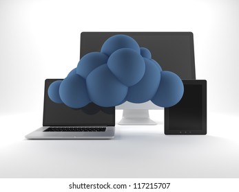 Tablet, computer and laptop in blue cloud. Cloud concept