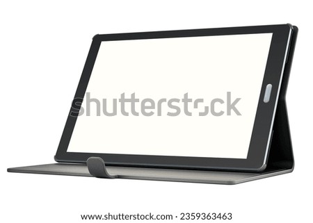 Tablet computer, tablet pc with blank screen in case, 3D rendering isolated on white background