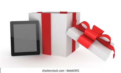 tablet computer with present on white back  ground