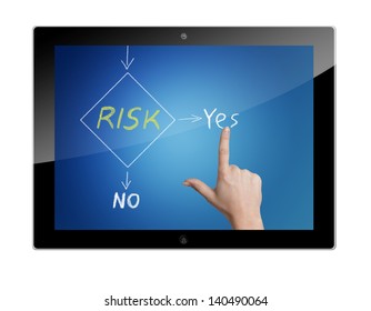 Tablet Computer With A Risk Management Flow Chart And A Hand Pointing To The Word Yes
