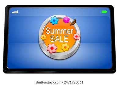 Tablet computer with Summer Sale Button - 3D illustration - Powered by Shutterstock