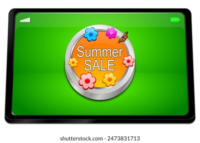 Tablet computer with Summer Sale Button - 3D illustration - Powered by Shutterstock