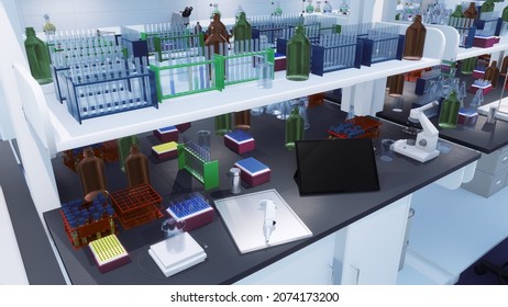 Tablet Computer, Test Tubes, Flask And Other Laboratory Equipment On Workplace Table In Modern Scientific Research Lab. With No People Medical And Science Concept 3D Illustration From My 3D Rendering.