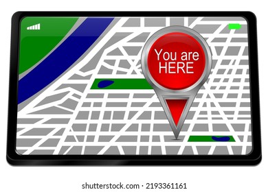 Tablet Computer With You Are Here Map Pointer - 3D Illustration