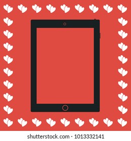 Tablet icon flat. Simple black pictogram on red background with white hearts for valentines day. Illustration symbol