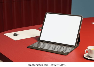Tablet with keyboard on red desk, paper, coffee cup, modern style, red background, concept of work. 3D Rendering
