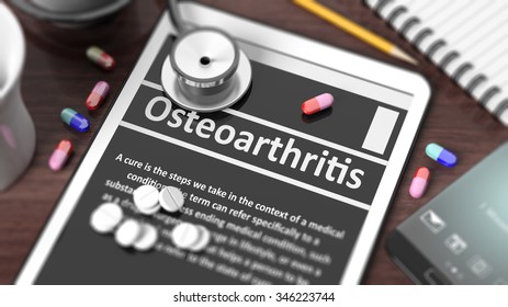 Tablet with "Osteoarthritis" on screen, stethoscope, pills and objects on wooden desktop.