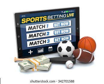 tablet pc with app for sport bets, stacks of banknotes and symbols of various sports, concept of online bets (3d render) - Powered by Shutterstock