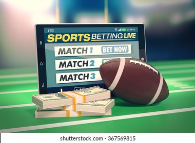 tablet pc with app for sport bets, stacks of banknotes and a football ball, concept of online bets (3d render) - Powered by Shutterstock