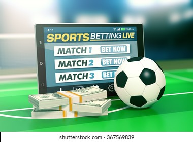 tablet pc with app for sport bets, stacks of banknotes and a soccer ball, concept of online bets (3d render) - Powered by Shutterstock