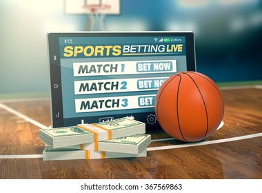 tablet pc with app for sport bets, stacks of banknotes and a basketball ball, concept of online bets (3d render) - Powered by Shutterstock