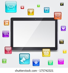 Tablet PC and application icons. The concept of software