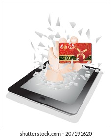 Tablet pc broken glass screen. A hand giving a gift card from a tablet ps as an on-line concept.