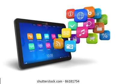 Tablet PC with cloud of colorful application icons isolated on white background