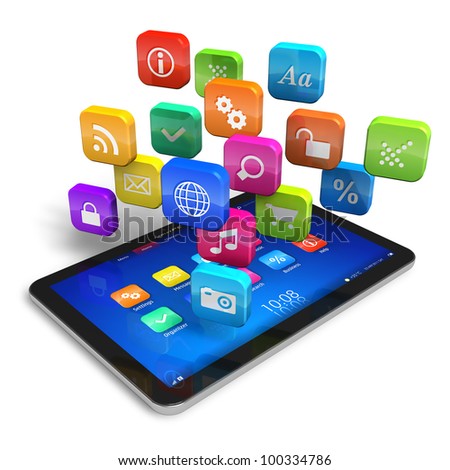 Tablet PC with cloud of colorful application icons isolated on white background