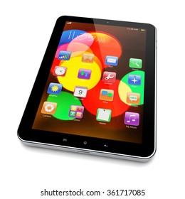 Tablet PC computer with colorful bokeh wallpaper and apps on a screen