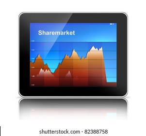 Tablet PC computer with red sharemarket falling graph (generic tablet pc and graph hand drawn by photographer)
