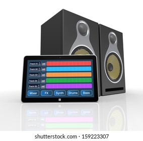 tablet pc with digital audio software and studio monitors (3d render)