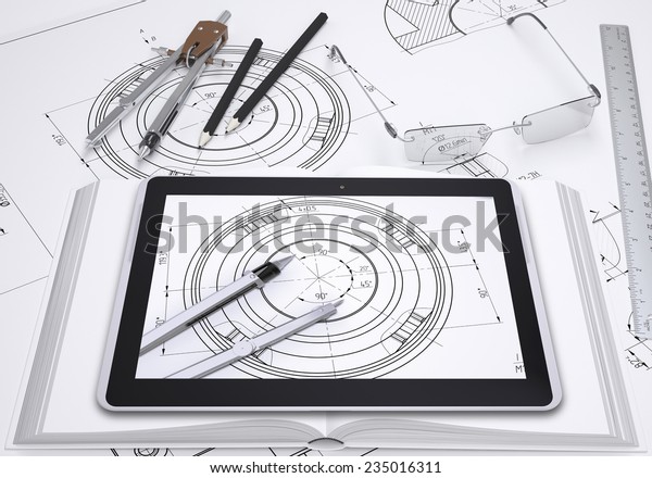 Tablet pc, drawing compasses, pencil, glasses
and ruler placed on spead technical drawing. Screen of pc shows
part of same
drawing.
