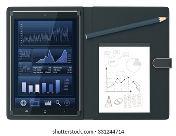 tablet pc with a financial app and a notepad with sketches, on white background (3d render)