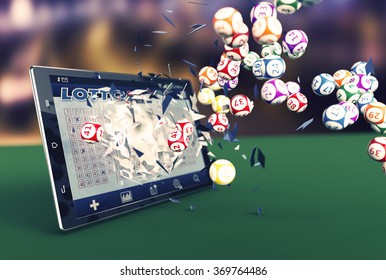 tablet pc with a lottery app and lottery balls coming out by breaking the glass (3d render) - Powered by Shutterstock