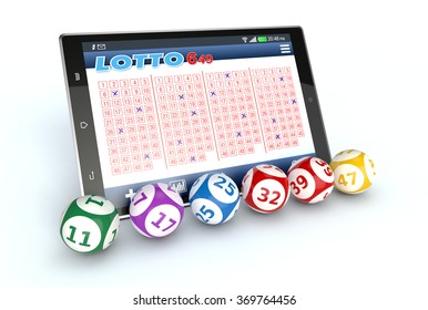 tablet pc with a lottery app and some lottery balls, white background (3d render)
