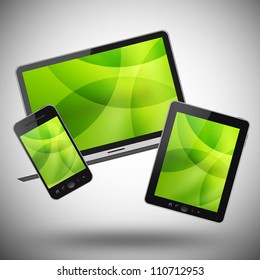 Tablet pc, mobile phone and notebook on gray background Stock Illustration