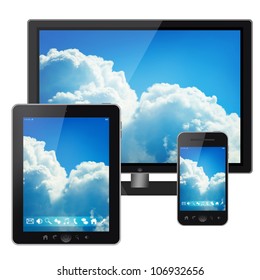 Tablet Pc, Mobile Phone And Tv Isolated On White Background